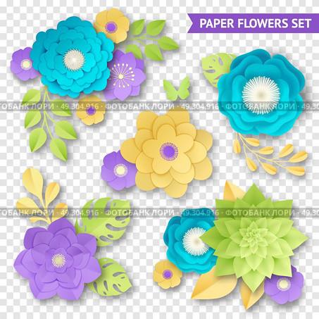 Paper Flowers Compositions Transparent Set. Paper flowers ornamental compositions set in yellow green aquamarine purple on transparent background craft vector illustration . Стоковая иллюстрация, агентство Ingram Publishing / Фотобанк Лори