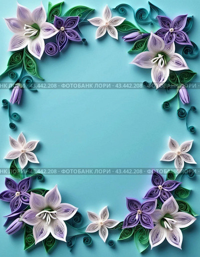 Paper flowers crafted using quilling technique. Flowers are in shades of purple, lavender, lilac color and white, and are arranged in circular blue background. Frame with copy space. AI generated. Стоковое AI-изображение, AI-художник Юлия Петровская / Фотобанк Лори