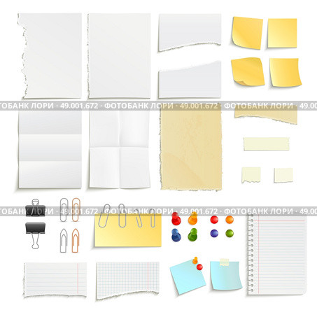 Paper Notes And Clips Object Set. Clips pins and various note paper stripe ragged stick realistic object set isolated vector illustration. Стоковая иллюстрация, агентство Ingram Publishing / Фотобанк Лори