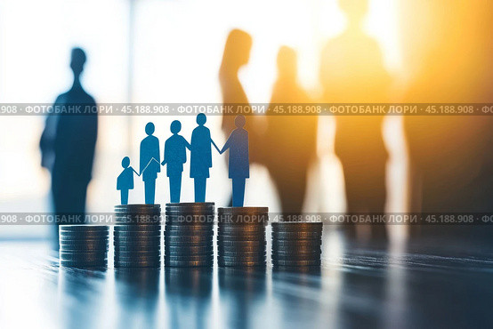 Paper people standing on a coin stacks. Insightful Analysis of Investment. Business Metrics, Performance Trends. Visual representation shows growth, success, achievement. Income gap. Market recovery. Стоковое AI-изображение, AI-художник Марина Демидюк / Фотобанк Лори