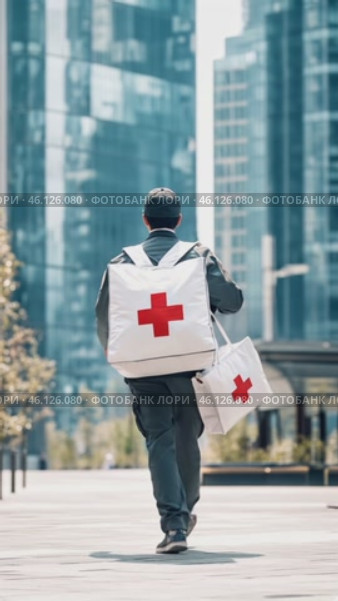 Paramedic walking in city street delivering medical supplies. Стоковое AI-видео, аниматор Юрий Поздников / Фотобанк Лори