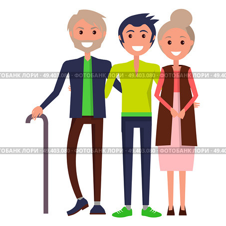 Parents’ Day poster vector illustration of gleeful father and joyful mother in their twilight years with happy son hugging each other. Parents’ Day Poster Depicting Cheerful Family. Стоковая иллюстрация, агентство Ingram Publishing / Фотобанк Лори