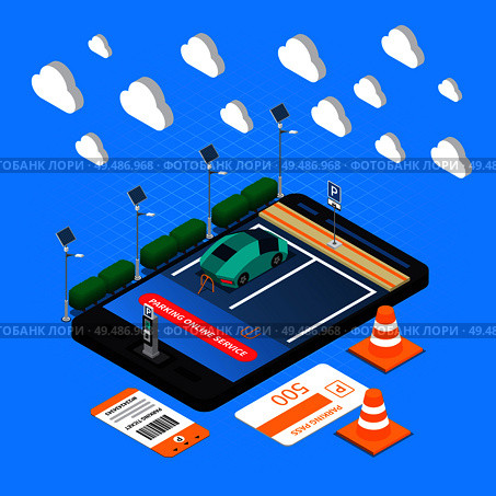 Parking lot with online finding paying reservation service isometric composition with ticket pass recharging point vector illustration. Стоковая иллюстрация, агентство Ingram Publishing / Фотобанк Лори