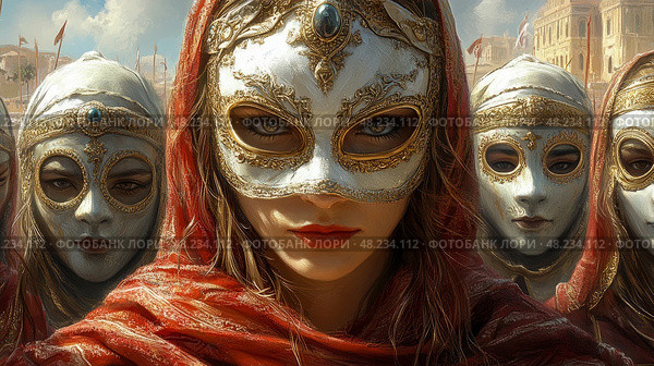 Participants wearing elaborate masks and rich costumes gather to celebrate a lively festival in a historical city, showcasing tradition and beauty. Стоковое AI-изображение, AI-художник Данила Большаков / Фотобанк Лори