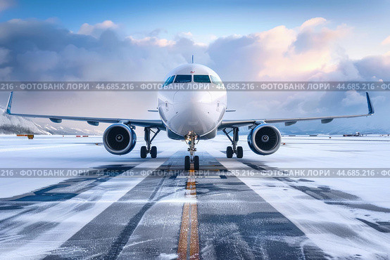Passenger airplane standing on runway covered with snow. Стоковое AI-изображение, AI-художник Иван Рябоконь / Фотобанк Лори