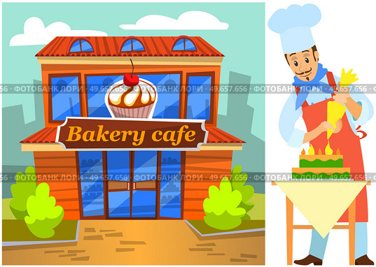 Pastry chef making cream cake for bakery cafe. Smiling man confectioner in apron preparing dessert, adding cream to cake. Chef works with kitchen equipment to prepare sweet dessert for confectionery. Chef works with sweet dessert for confectionery. Pastry chef making cream cake for bakery cafe. Стоковая иллюстрация, агентство Ingram Publishing / Фотобанк Лори