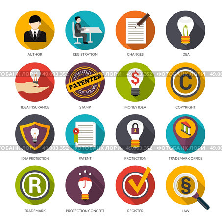Patent idea protection flat icons set with author trademark copyright symbols isolated vector illustration. Patent Idea Protection Icons. Стоковая иллюстрация, агентство Ingram Publishing / Фотобанк Лори