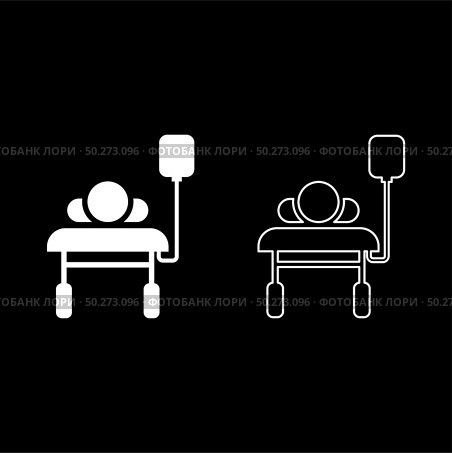 Patient lying on medical bed couch with dropper Man with dropping bottle Emergency therapy concept injecting resuscitation Intensive care icon outline set white color vector illustration flat style simple image. Patient lying on medical bed couch with dropper Man with dropping bottle Emergency therapy concept injecting resuscitation Intensive care icon outline set white color vector illustration flat style image. Стоковая иллюстрация, агентство Ingram Publishing / Фотобанк Лори