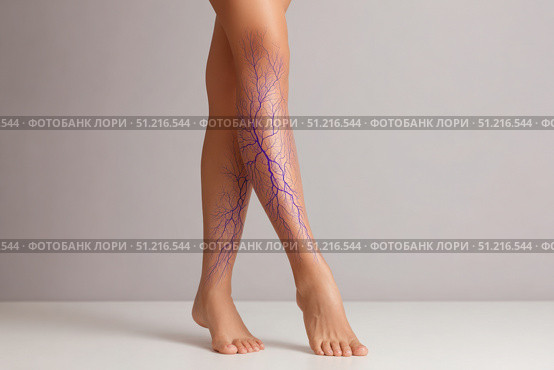 Patient with sign of varicose veins symptoms on a legs. Light background. Leg pain. Phlebology. Venous pathologies of the lower extremities. Human vessel, arteries. Capillaries. Blood system. Banner. Стоковое AI-изображение, AI-художник Марина Демидюк / Фотобанк Лори