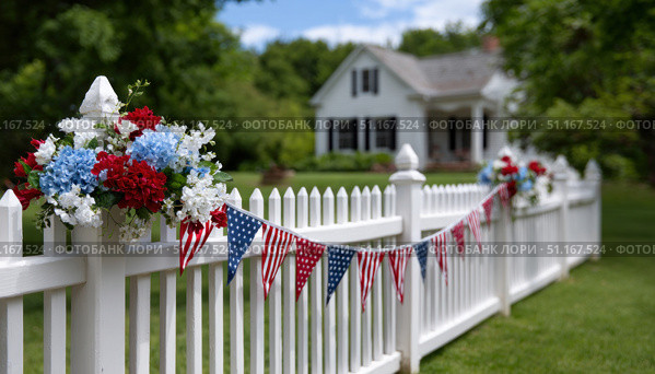 Patriotic blooms and bunting adorning white picket fence, highlighting classic american home celebrating national pride during summer holiday. Стоковое AI-изображение, AI-художник Юрий Поздников / Фотобанк Лори