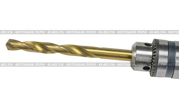 Патрон дрели и сверла на белом фоне. Cordless drill with twist bit closeup isolated on white. Стоковое фото, фотограф Татьяна Д / Фотобанк Лори