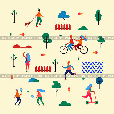 Pattern Made of characters that walk with dog, ride bicycle and scooter, do selfie, jog in morning, play badminton among trees vector illustration.. Pattern Made of Minimalistic Characters on Walk. Стоковая иллюстрация, агентство Ingram Publishing / Фотобанк Лори