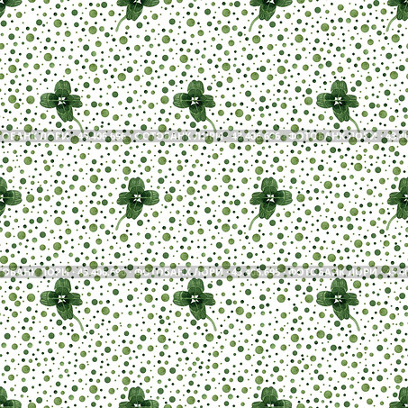 Паттерн с клевером в горошек. Green clover and dots background. Field herbs, wild plants, greenery seamless pattern with watercolor illustrations. Texture for printing fabrics, textiles, wallpaper, wrapping paper. Стоковая иллюстрация, иллюстратор Карнаухова Елена / Фотобанк Лори