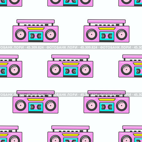 Pattern with a retro tape recorder on a white background. Boombox in flat style. Seamless pattern for your design textile, wrapping paper, background. Стоковая иллюстрация, иллюстратор Elena Titova / Фотобанк Лори