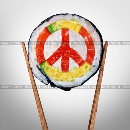 Peace in asia concept as a concept for a diplomatic agreement  in asian pacific countries as food with chop sticks shapes as a symbol with 3D illustration elements. Стоковое фото, агентство Ingram Publishing / Фотобанк Лори