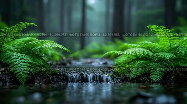 Peaceful Forest Stream: Serene Nature Scene with Ferns and Gentle Waterfall. Стоковое AI-изображение, AI-художник Данила Большаков / Фотобанк Лори