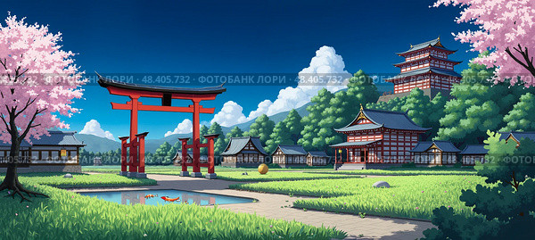 Peaceful Japanese heritage site featuring iconic red torii gate. Стоковое AI-изображение, AI-художник Андрей Ка / Фотобанк Лори