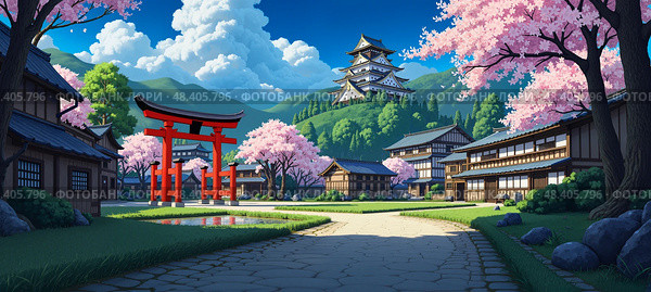 Peaceful Japanese village scene featuring blooming sakura , hanami, iconic torii gate  , classic wooden architecture, majestic hilltop castle , shiro, all nestled in a scenic mountain landscape. Стоковое AI-изображение, AI-художник Андрей Ка / Фотобанк Лори