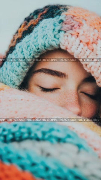 Peaceful slumber amidst a vibrant, knitted blanket, revealing a calm face adorned with gentle freckles. Стоковое AI-видео, аниматор Данила Большаков / Фотобанк Лори