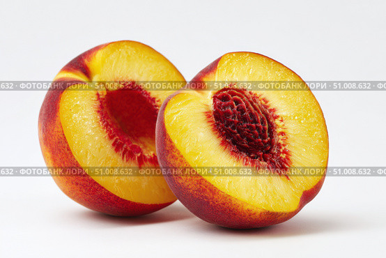 Peach isolate. Fresh Peach slice. Peach with leaf. Full depth of field. Clipping path. Slices of ripe peaches. Composition of peaches, peach halves and slices with green leaves on a white background. Стоковое AI-изображение, AI-художник Марина Демидюк / Фотобанк Лори