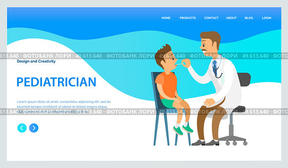 Pediatrician looks at the throat of a small boy with a special device landing page template. Doctor examines ill child in hospital. Cartoon male character physician works at clinic heals children. Pediatrician looks at the throat of a small boy with a special device landing page template. Стоковая иллюстрация, агентство Ingram Publishing / Фотобанк Лори