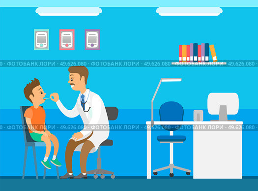 Pediatrician looks at the throat of a small boy with a special device heals the larynx of a child. Doctor examines ill kid in hospital. Cartoon male character physician works at clinic heals children. Pediatrician looks at the throat of a small boy with a special device heals the larynx of a child. Стоковая иллюстрация, агентство Ingram Publishing / Фотобанк Лори