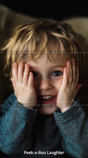 Peek-a-boo laughter: joyful child giggling in playful moment. Стоковое AI-изображение, AI-художник Sabyna75 / Фотобанк Лори