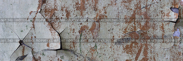 Peeling paint on the wall. Panorama of a concrete wall with old cracked flaking paint. Weathered rough painted surface with patterns of cracks and peeling. Panoramic texture for background and design. Стоковое фото, фотограф Андрей Степанов / Фотобанк Лори
