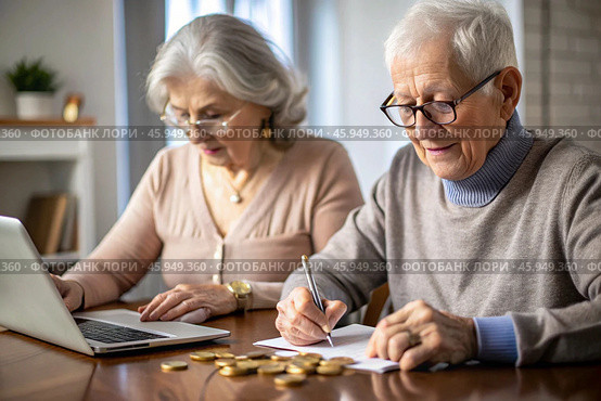 Pension. Saving money. Savings. An elderly couple calculates their savings. Financial literacy. Стоковое AI-изображение, AI-художник Photojuli / Фотобанк Лори