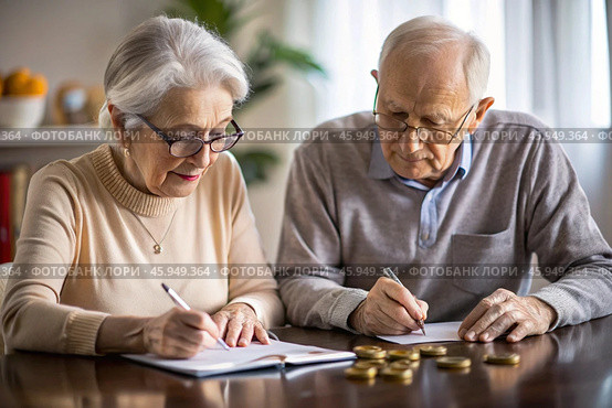 Pension. Saving money. Savings. An elderly couple calculates their savings. Financial literacy. Стоковое AI-изображение, AI-художник Photojuli / Фотобанк Лори