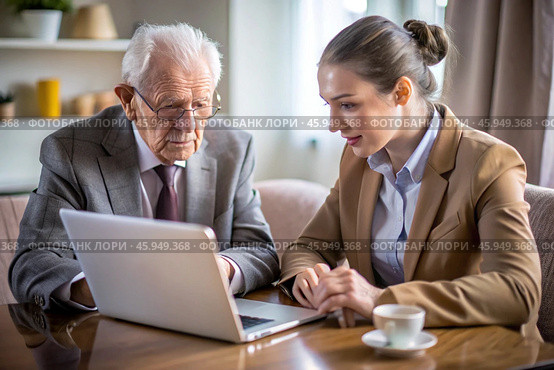 Pension. Saving money. Savings. The daughter teaches her father's pensioner financial literacy. Стоковое AI-изображение, AI-художник Photojuli / Фотобанк Лори