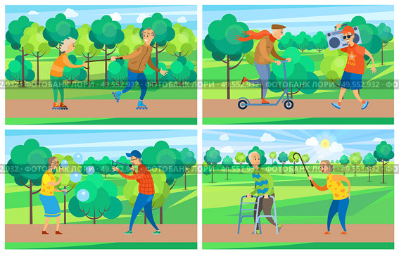 Pensioners activity, rollerblading and walking, moving on scooter, going with record player, blowing soap bubble and targeting with catapult in park vector. Old People in Park, Activity of Grandparent Vector. Стоковая иллюстрация, агентство Ingram Publishing / Фотобанк Лори