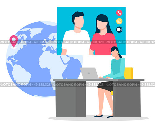 People conversation online in computer. Man and woman wireless connection for videochat. Female sitting at desktop and communicating with laptop for meeting online in video conference vector. Man and Woman Videochat App in Computer Vector. Стоковая иллюстрация, агентство Ingram Publishing / Фотобанк Лори