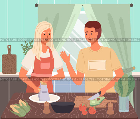 People cooking vegetarian meals. Proper nutrition, healthy lifestyle and vegetarianism concept. Process of cooking meal. Natural organic food ingredients icons isolated. Cook salad, organic food. People cooking vegetarian meals. Proper nutrition, healthy lifestyle and vegetarianism. Стоковая иллюстрация, агентство Ingram Publishing / Фотобанк Лори