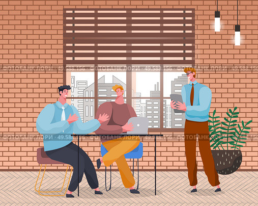 People discussing business idea by table with laptops. Characters on meeting thinking of company development. Seminar or informal briefing of men workers in boarding room. Vector in flat style. Meeting of Business Partners, Coworking People. Стоковая иллюстрация, агентство Ingram Publishing / Фотобанк Лори