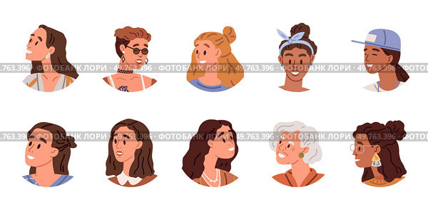 People faces vector illustration. Icons can represent people from different ethnic backgrounds, promoting inclusivity and representation Portrait photographers capture essence persons character. People faces. A profile offers glimpse into persons interests and preferences. Стоковая иллюстрация, агентство Ingram Publishing / Фотобанк Лори