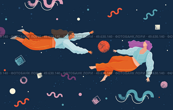People flying in abstract imaginary space organizing geometric shapes. Group of young women collecting figures. Teamwork and team building organization concept. Coworking and business partnership. People flying in abstract imaginary space organizing different geometric shapes. Teamwork concept. Стоковая иллюстрация, агентство Ingram Publishing / Фотобанк Лори