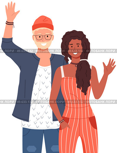 People greeting gesture. Different nations representatives waving hand saying hi. Men, women say hello. People waving hands and gesturing in friendly way. Characters wave their hand and say welcome hi. People greeting gesture. Different nations representatives waving hand saying hello. Стоковая иллюстрация, агентство Ingram Publishing / Фотобанк Лори