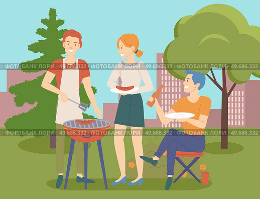 People grilling meat, cooking out. Man and woman preparing steak for picnic, Boyfriend and girlfriend on barbeque. Couple or friends spending weekends together. Barbecue, picnic, outdoor recreation. People grilling bbq meat, cooking out. Man and woman preparing steak for picnic, barbeque. Стоковая иллюстрация, агентство Ingram Publishing / Фотобанк Лори