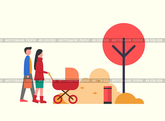 People in autumn park, family walking around trees nature vector. Father and mother, parents of kid in perambulator. Stroller for child, fall season. People in Autumn Park, Family Walking Around Trees. Стоковая иллюстрация, агентство Ingram Publishing / Фотобанк Лори