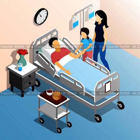 People in hospital isometric design concept with family members visiting sick  relative flat vector illustration . People In Hospital Isometric Design Concept. Стоковая иллюстрация, агентство Ingram Publishing / Фотобанк Лори
