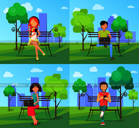 People in park using modern computer technologies web banners set. Men and women with gadgets sitting in wi-fi zone on wooden benches with tablets. People in Park Using Modern Computer Technologies. Стоковая иллюстрация, агентство Ingram Publishing / Фотобанк Лори
