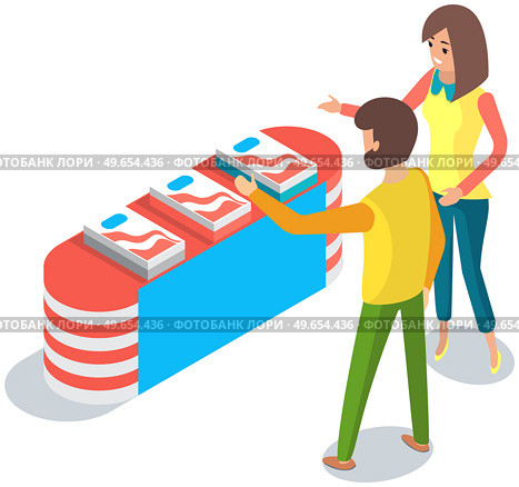 People near presentation stand. Leafleting, advertising campaign. Promoter advertises something to customer at exhibition. Woman giving advertisement, announcement, product information to man. Promoter advertises something to customer at exhibition. Woman giving advertisementro man. Стоковая иллюстрация, агентство Ingram Publishing / Фотобанк Лори