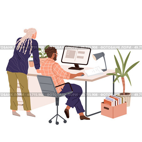 People office work. Vector illustration. People in office work collaboratively, fostering positive and cohesive work culture Office workers maintain high level of professionalism in all aspects of. People office work. People in office work under supervision of office manager who ensures efficiency. Стоковая иллюстрация, агентство Ingram Publishing / Фотобанк Лори