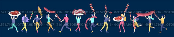 People preparing barbecue. BBQ party. People grilling meat. Conceptual Modern and Trendy colorful vector illustration. Web template.. People preparing barbecue. BBQ party. People grilling meat. Conceptual Modern and Trendy colorful vector illustration. Стоковая иллюстрация, агентство Ingram Publishing / Фотобанк Лори