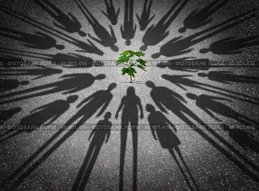 People protecting the environment and humanity joining together to provide safety to a young vulnerable sapling tree as the cast shadows of diverse community members surrounding a green plant in a 3D illustration style. Стоковое фото, агентство Ingram Publishing / Фотобанк Лори