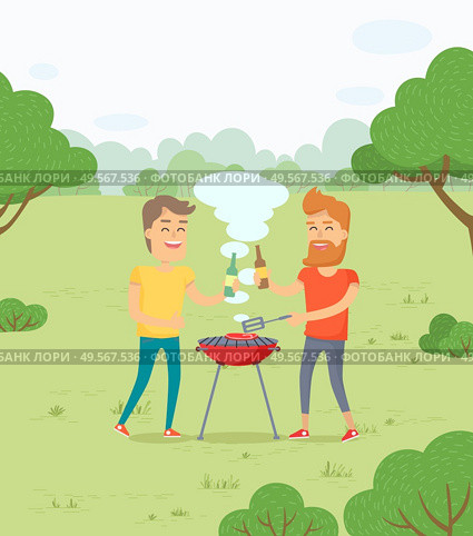 People relaxing on weekends vector, male friends drinking beer and roasting meat. BBQ picnic on nature, foliage and greenery active leisure cooking. Funny spending time on harvest festival. Friends Roasting Meat BBQ in Forest Park Weekends. Стоковая иллюстрация, агентство Ingram Publishing / Фотобанк Лори