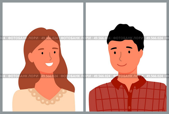 People smiling vector, friendly person with smile on face, lady and man wearing red shirt, brunette male, woman with stylish haircut flat style character. Man and Woman Portraits of People, Couple Vector. Стоковая иллюстрация, агентство Ingram Publishing / Фотобанк Лори