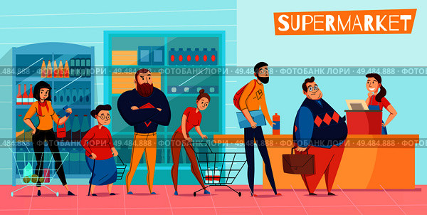 People standing in long supermarket queue lining up waiting checkout customer service horizontal flat composition vector illustration. Стоковая иллюстрация, агентство Ingram Publishing / Фотобанк Лори