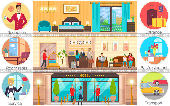 People traveling and staying at hotel with luggage. Happy holiday vacation, recreation concept. Tourist at reception counter. Set of hotel daily routine scenes. Facility staff services visitors, helps. Set of hotel daily routine scenes. Tourist at reception counter, living room, doorman during work. Стоковая иллюстрация, агентство Ingram Publishing / Фотобанк Лори